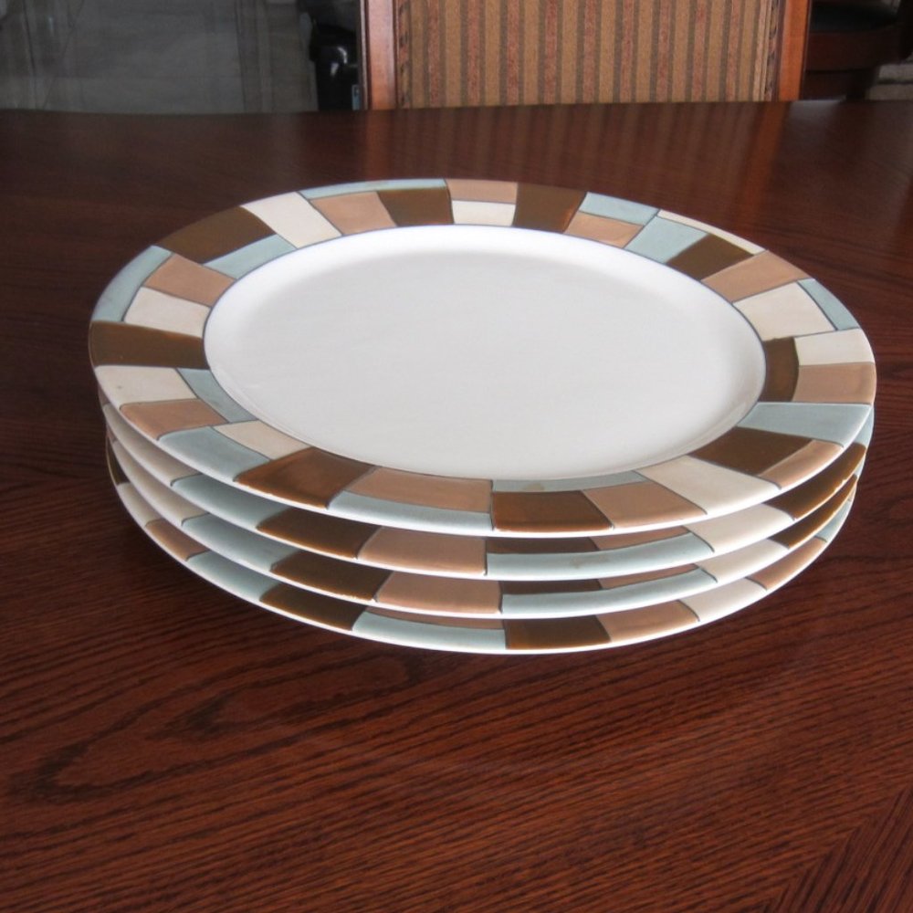 4~13 1/4" Nate Berkus INDOCHINE Aqua Tan Brown Beige Ceramic Round Charger Plate